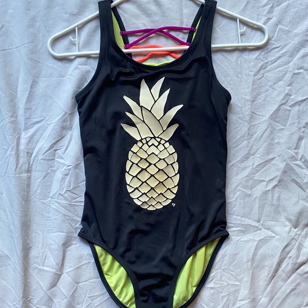 JUSTICE 1 PC SWIMSUIT PINEAPPLE BLACK BATHINGSUIT CRISS CROSS BACK-GIRLS SIZE 12